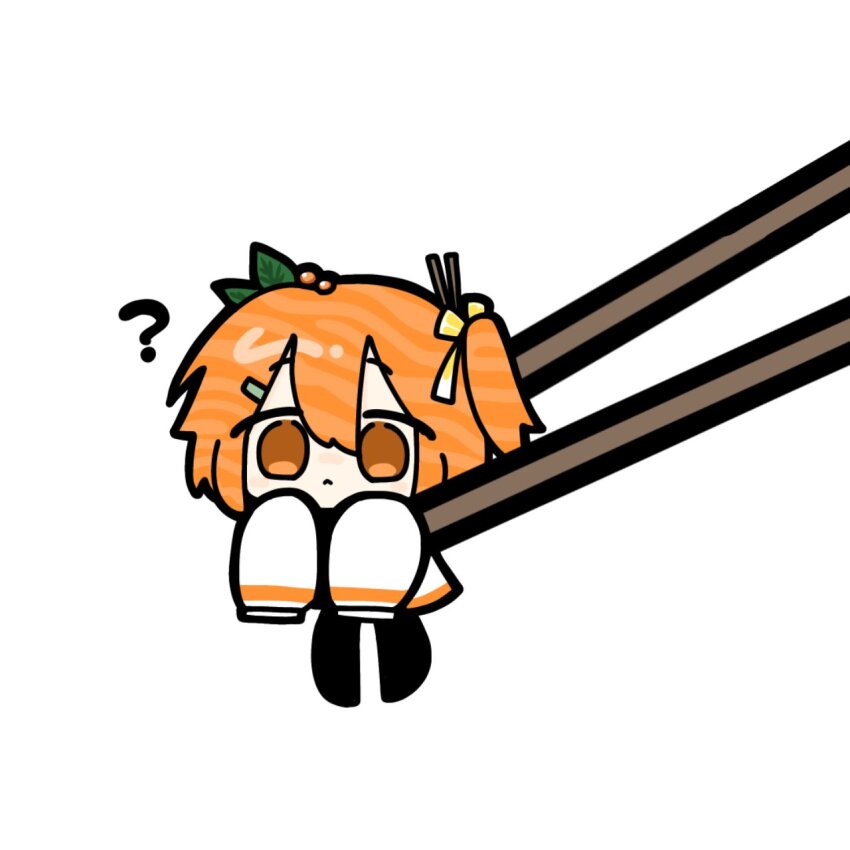 1girl ? a.i._voice adachi_rei chibi chibi_only chopsticks closed_mouth food-themed_hair hair_ornament highres jacket leaf_hair_ornament long_sleeves mini_person minigirl one_side_up orange_eyes salmon_(fish) simple_background sleeves_past_fingers sleeves_past_wrists solo sparrow_1016 utau white_background white_jacket