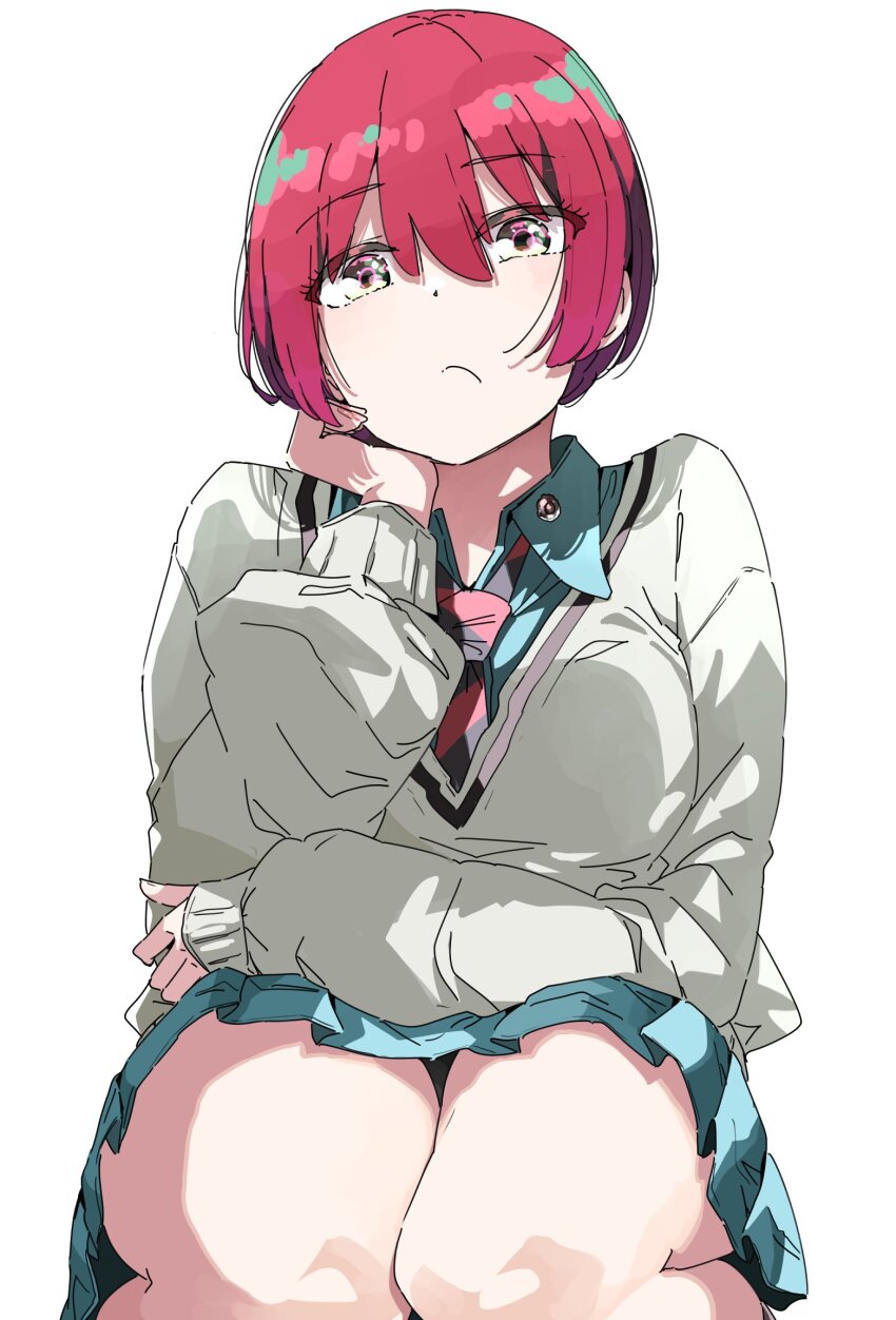 1girl amate_yuzuriha aqua_eyes aqua_shirt aqua_skirt breasts closed_mouth gundam gundam_gquuuuuux highres long_sleeves looking_at_viewer necktie nyoijizai red_hair school_uniform shirt short_hair simple_background skirt solo sweater white_background