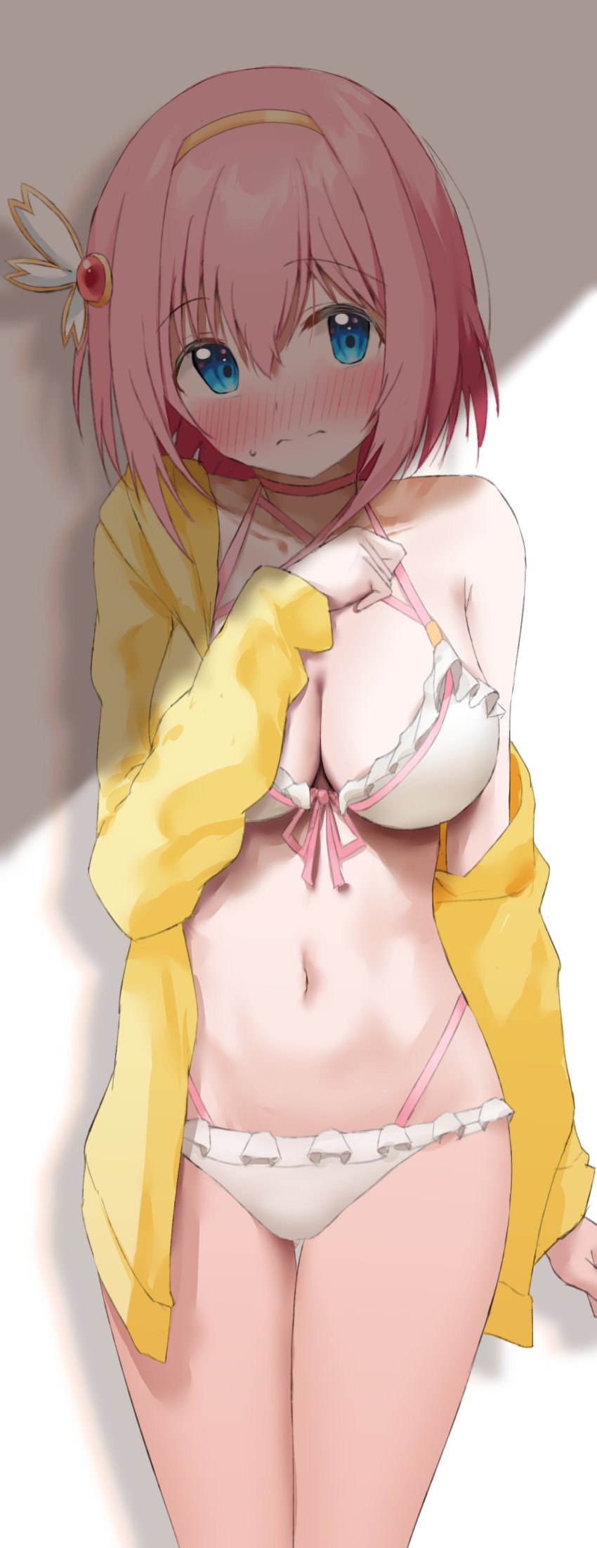 1girl absurdres aqua_eyes ashinagi_(bijutu1) bikini blush breasts cleavage clenched_hands cowboy_shot expressionless frilled_bikini frills full-face_blush highres hug jacket jacket_partially_removed looking_at_viewer medium_breasts navel pink_hair princess_connect! shaded_face short_hair single_bare_shoulder solo split_mouth sweatdrop swimsuit yellow_jacket yui_(princess_connect!)