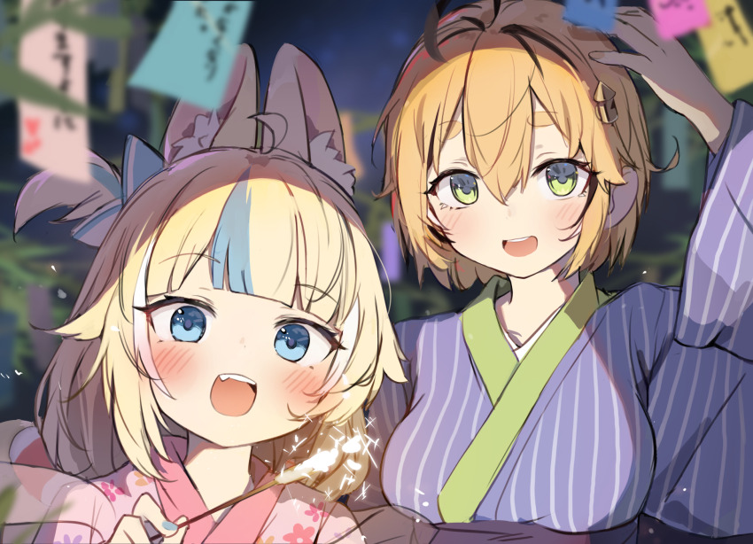 2girls ahoge black_hair blonde_hair blue_eyes blue_hair blue_kimono blue_nails blurry blurry_background blush breasts center-flap_bangs depth_of_field dooby_(vtuber) fang fingernails fireworks floral_print floral_print_kimono green_eyes hair_between_eyes hair_ornament hand_up highres holding holding_fireworks indie_virtual_youtuber japanese_clothes kimono medium_breasts multicolored_hair multiple_girls nail_polish night open_mouth orobou pink_kimono print_kimono sameko_saba short_hair sign smile sparkler streaked_hair striped_clothes striped_kimono tanabata teeth thick_eyebrows upper_teeth_only vertical-striped_clothes vertical-striped_kimono virtual_youtuber whistle yukata