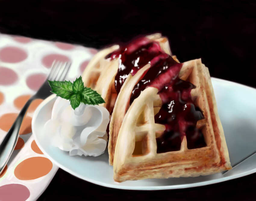 food food_focus fork icing jam kabuki662 leaf no_humans original photorealistic plate realistic sweets table waffle