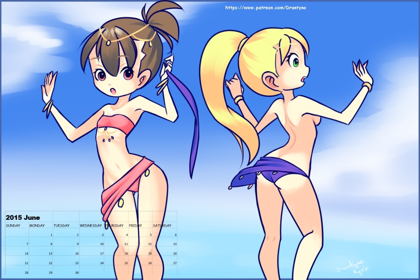 10s 2015 2girls ass bikini blonde_hair bracelet breasts brown_hair calendar cloud collarbone dancer digimon digimon_adventure digimon_frontier drantyno flat_chest green_eyes harem_outfit highres jewelry june long_hair looking_at_viewer multiple_girls navel open_mouth orimoto_izumi pink_bikini pink_eyes ponytail purple_bikini short_hair sky small_breasts swimsuit teeth topless_female yagami_hikari