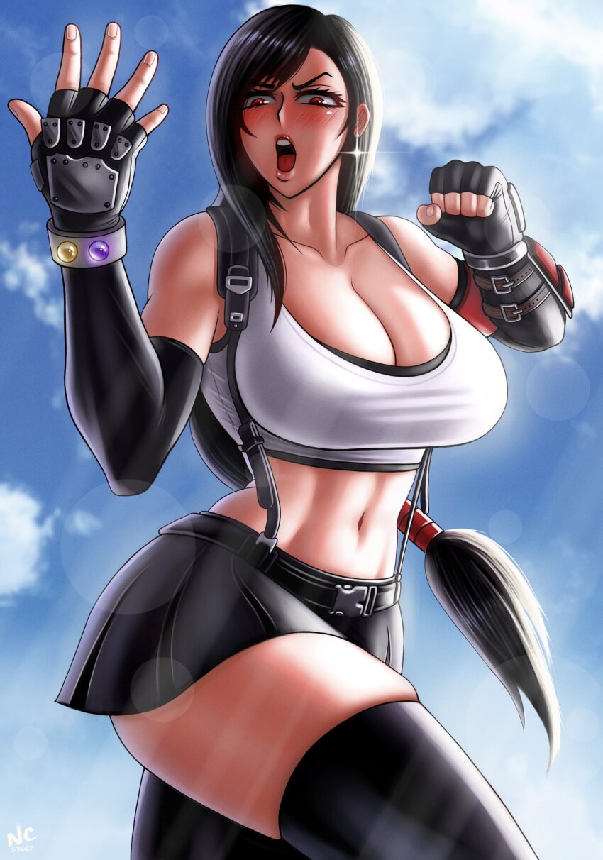 1girl 2022 abs armpits arms_behind_head arms_up artist_name beckoning belt black_hair black_panties black_skirt blue_sky blurry blush breasts cleavage collarbone commentary contrapposto covered_erect_nipples cowboy_shot crop_top curvy dated english_commentary eyebrows_hidden_by_hair female_focus final_fantasy final_fantasy_vii final_fantasy_vii_remake gloves groin half-closed_eyes head_tilt heart highres large_breasts light_smile lips long_hair low-tied_long_hair low_ponytail materia midriff miniskirt muscular muscular_female navel noriakis_art open_mouth outdoors panties parted_lips ponytail red_eyes red_gloves red_lips serious shadow shirt shoulder_pads skindentation skirt sky smile solo sparkle sports_bra square_enix stretching suspenders swept_bangs thick_thighs thighs tifa_lockhart toned toned_female underwear very_long_hair white_shirt