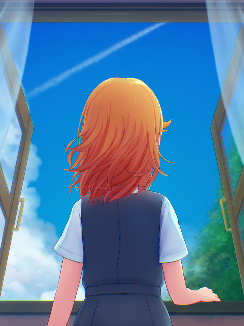 1girl absurdres arm_at_side commentary_request from_behind highres kannogi looking_outside love_live! love_live!_superstar!! open_window orange_hair school_uniform shibuya_kanon short_sleeves sky solo tree upper_body window yuigaoka_school_uniform