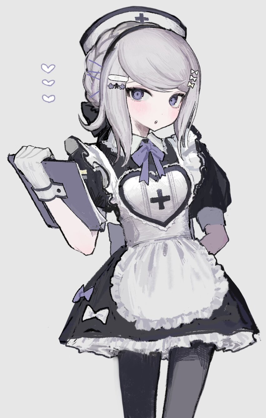 1girl alternate_costume apron arm_behind_back black_dress black_pantyhose blush clipboard commentary_request dress furifurifurill gloves grey_background grey_hair hair_ornament hairclip hat highres holding holding_clipboard kirifuji_nozomi looking_at_viewer maid nurse pantyhose parted_lips puffy_short_sleeves puffy_sleeves purple_eyes short_sleeves simple_background solo the_hundred_line_-last_defense_academy- white_apron white_dress white_gloves