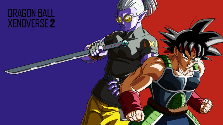 2boys aqua_leggings arm_guards artist_request bandana bardock belt black_belt black_eyes black_hair bracer character_logo clenched_hands colored_skin copyright_name covered_pectorals cross_scar demon_boy dragon_ball dragon_ball_xenoverse dragonball_z english_text facial_scar fingerless_gloves fu_(dragon_ball) game_cg glasses gloves grey_shirt highres holding holding_sword holding_weapon loading_screen looking_at_another looking_at_viewer looking_down looking_to_the_side male_focus monkey_boy monkey_tail multiple_boys muscular muscular_male ninjatou official_art official_wallpaper pants pectorals pointy_ears ponytail purple_background purple_belt purple_skin red_background red_bandana red_eyes round_eyewear saiyan saiyan_armor scar scar_on_cheek scar_on_face scene_reference shirt short_hair short_sleeves short_sword smirk spiked_hair sword tail tail_around_waist third-party_source tinted_eyewear two-tone_background undercut weapon white_hair yellow-tinted_eyewear yellow_pants