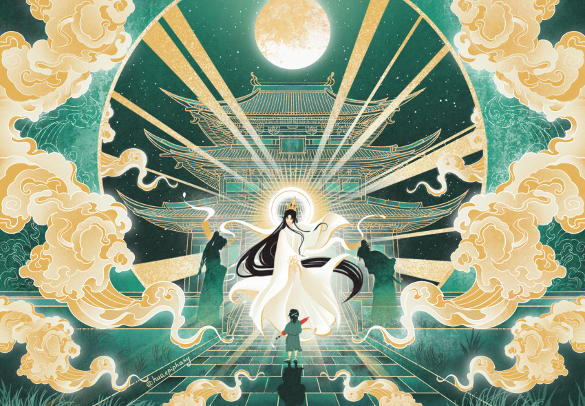4boys architecture bandaged_head bandages bent_over black_hair chinese_clothes circle closed_eyes colored_smoke commentary east_asian_architecture english_commentary feng_xin floating floating_hair flower from_behind full_moon glowing green_sky green_theme grey_tunic hair_bun halo hanfu high_ponytail highres holding holding_flower holding_umbrella hua_cheng huaepiphany limited_palette long_hair medium_hair moon mu_qing_(tianguan_cifu) multiple_boys night night_sky ponytail red_umbrella shadow signature silhouette sky smoke standing star_(sky) starry_sky symmetry tianguan_cifu tunic umbrella very_long_hair white_flower white_hanfu xiao_guan_(headdress) xie_lian xie_lian_(flower_crowned_martial_god)