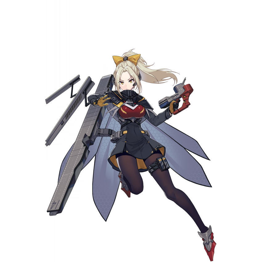 artist_request black_cape black_dress bow breasts cape dress flight_deck full_body gloves highres machinery multicolored_gloves official_art pantyhose ponytail rigging solo ticonderoga_(warship_girls_r) transparent_background warship_girls_r yellow_bow yellow_eyes yellow_gloves
