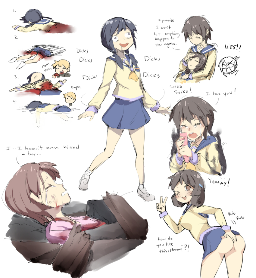 &gt;_o 1boy 5girls :3 :d afloat artist_self-insert ass beige_shirt black_hair blonde_hair blood blood_on_clothes blood_on_face blue_skirt blush brown_hair cellphone reference_sheet closed_eyes closed_mouth constricted_pupils corpse corpse_party crying drooling english_text eyebrows frown ge-b hair_ornament hairclip hand_on_another&#039;s_head hand_on_own_chest head_tilt highres holding holding_phone kirisaki_touko kishinuma_yoshiki lap_pillow long_hair long_sleeves looking_back low_twintails lying mary_janes motion_lines multiple_girls nakashima_naomi no_panties o_o on_back on_stomach one_eye_closed open_mouth outstretched_arms phone profile saliva school_uniform serafuku shinohara_seiko shinozaki_ayumi shoes short_hair sketch skirt smile socks solid_circle_eyes spoilers spread_arms twintails v water white_background white_footwear white_legwear