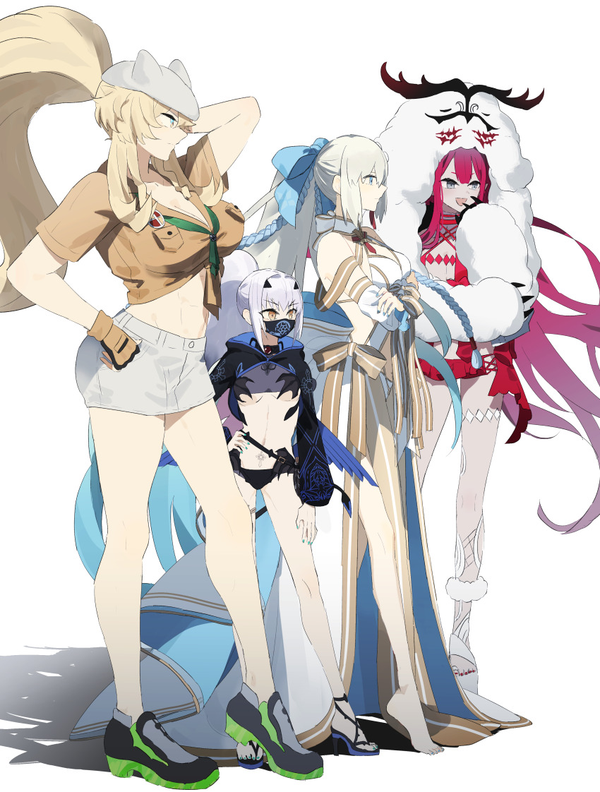4girls abs absurdres arm_behind_head baobhan_sith_(fate) baobhan_sith_(swimsuit_pretender)_(fate) baobhan_sith_(swimsuit_pretender)_(first_ascension)_(fate) barefoot barghest_(fate) barghest_(swimsuit_archer)_(fate) barghest_(swimsuit_archer)_(first_ascension)_(fate) bikini black_bikini blonde_hair blue_eyes blue_nails bow braid breasts cernunnos_(fate) character_hood cleavage cropped_jacket crossed_arms detached_collar detached_sleeves fate/grand_order fate_(series) fingerless_gloves full_body gloves grey_eyes hand_on_own_hip hand_to_own_mouth hand_up hat headwear_with_attached_mittens high_heels highres hooded_shrug large_breasts long_hair mask melusine_(fate) melusine_(swimsuit_ruler)_(fate) melusine_(swimsuit_ruler)_(first_ascension)_(fate) microskirt morgan_le_fay_(fate) morgan_le_fay_(water_princess)_(fate) multiple_girls muscular muscular_female nail_polish navel ninjin_(ne_f_g_o) open_mouth pink_hair platform_footwear platform_heels ponytail red_nails revealing_clothes shadow shirt shoes short_shorts shorts shrug_(clothing) sidelocks simple_background skirt smile sneakers swimsuit thighs tiptoes toeless_footwear toenail_polish toenails very_long_hair white_bikini white_hair white_shorts yellow_eyes yellow_shirt