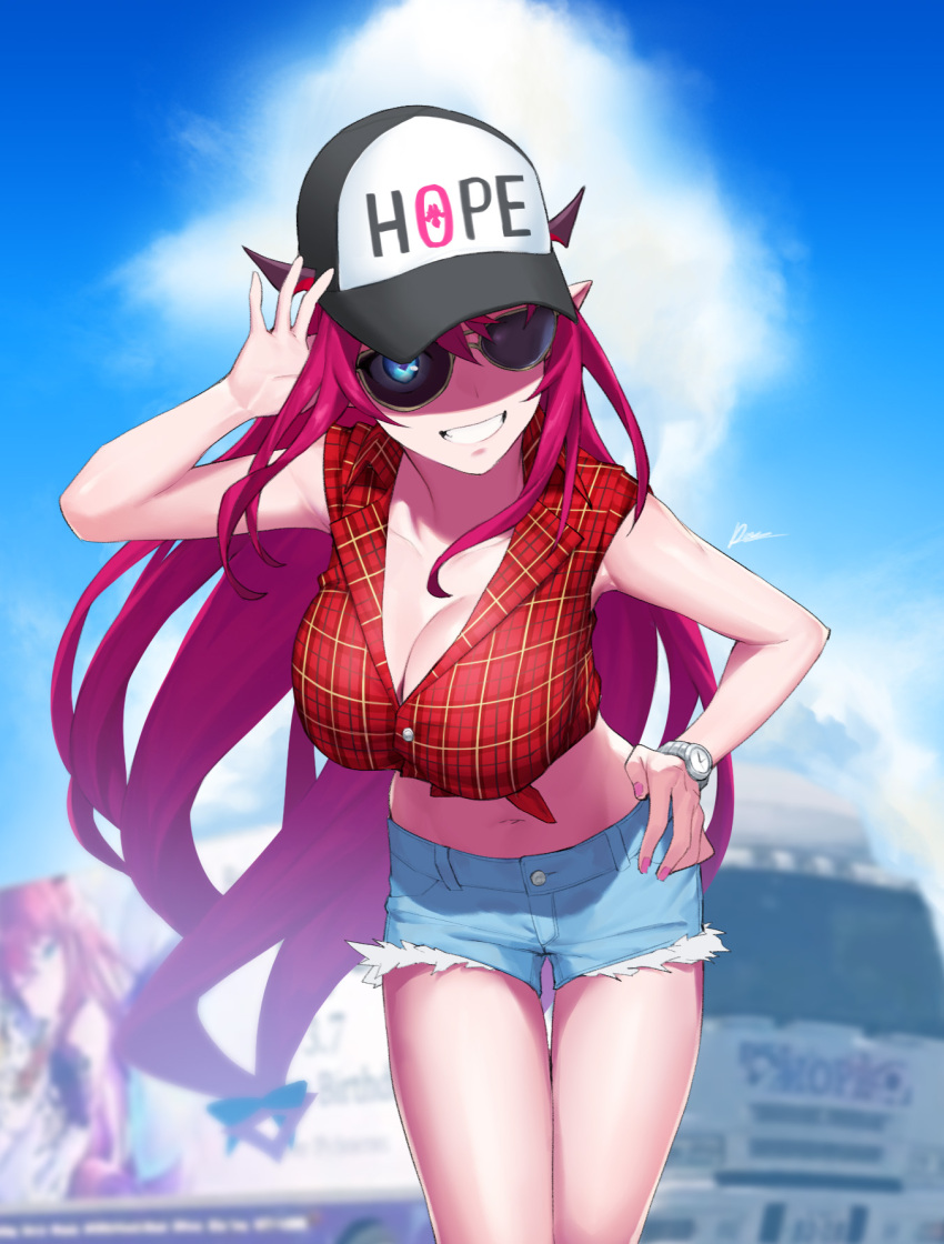 1girl blue_eyes box_truck breasts cleavage cloud dasdokter denim denim_shorts hat highres hololive hololive_english horns irys_(hololive) large_breasts long_hair looking_at_viewer midriff motor_vehicle navel outdoors plaid_clothes plaid_skirt pointy_ears purple_hair semi_truck shirt short_shorts short_sleeves shorts skirt smile solo sunglasses tied_shirt trailer truck virtual_youtuber watch wristwatch