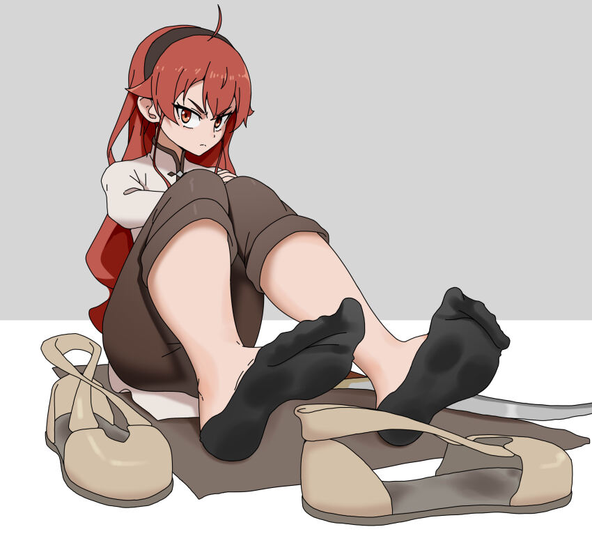 1girl absurdres black_socks eris_greyrat feet hairband highres long_hair looking_at_viewer mushoku_tensei paxa349 red_eyes red_hair shoes socks soles toes unworn_shoes