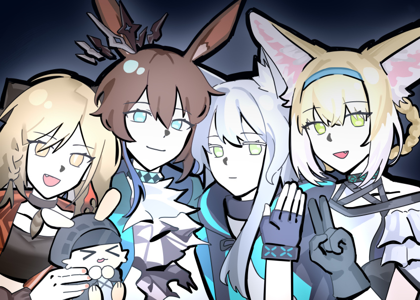 4girls :d aged_up amiya_(arknights) amiya_(medic)_(arknights) animal_ears arknights black_gloves blonde_hair blue_eyes brown_hair cat_ears cat_girl character_doll closed_mouth demon_girl demon_horns doctor_(arknights) doll fang fingerless_gloves fox_ears fox_girl gloves green_eyes highres horns ifrit_(arknights) infection_monitor_(arknights) looking_at_viewer multiple_girls open_mouth rabbit_ears rabbit_girl rosmontis_(arknights) smile stuffed_animal stuffed_rabbit stuffed_toy suzuran_(arknights) textless_version white_hair wwfo_2 yellow_eyes