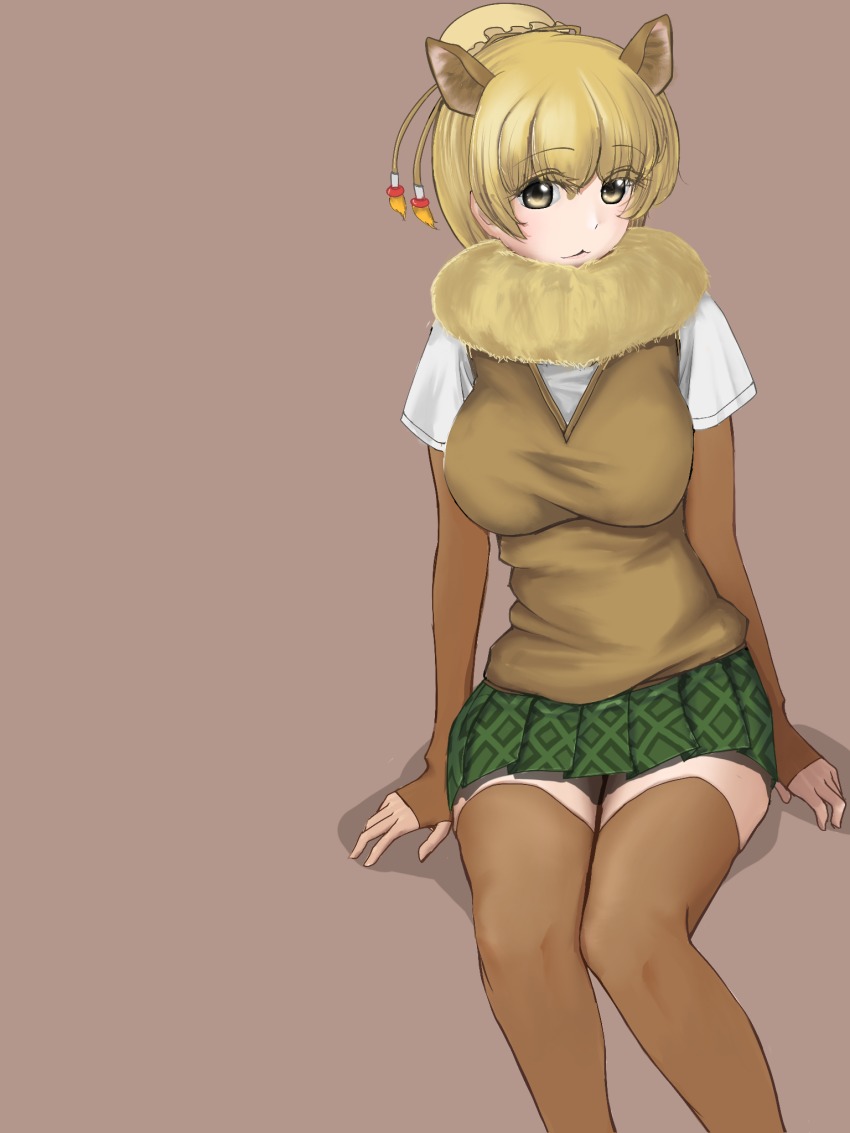 10s 1girl blonde_hair brown_background dromedary_(kemono_friends) dromedary_ears dromedary_tail fur_trim hair_and_beard hair_bun highres kemono_friends miniskirt pleated_skirt simple_background single_hair_bun sitting skirt thighhighs yellow_eyes
