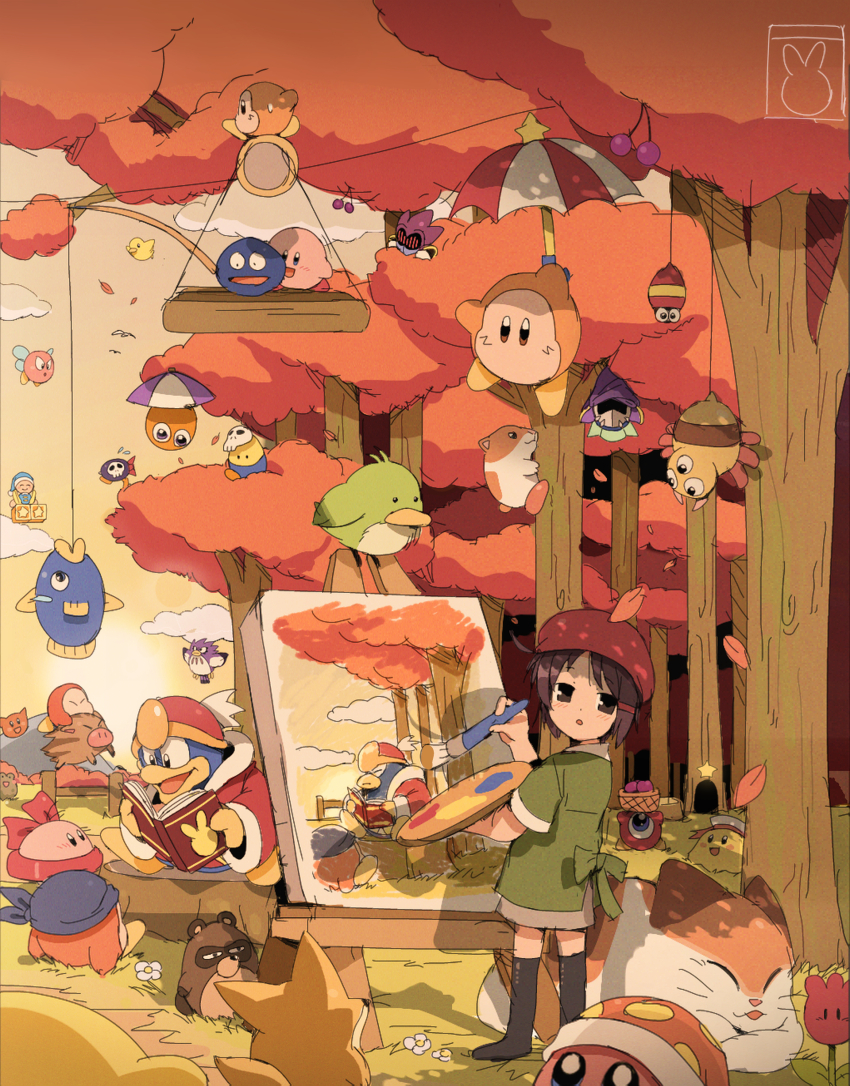:d :o absurdres adeleine armor arms_up autumn autumn_leaves bandana bandana_waddle_dee basket bendedede beret bird black_socks blue_bandana blue_eyes blue_headwear blush bomber_(kirby) book bouncy_(kirby) bronto_burt brown_eyes brown_hair bumber_(kirby) canvas_(object) cape cherry climbing closed_eyes cloud commentary como_(kirby) con_(kirby) coo_(kirby) crack-tweet easel english_commentary falling_leaves fence fish flower flying food forest frog fruit gabon_(kirby) gamugael gooey_(kirby) gradient_sky grass green_shirt grey_skirt hair_ornament hairclip hat highres holding holding_basket holding_book holding_paint_palette holding_paintbrush holding_paint_palette holding_umbrella jacket jumping kine_(kirby) king_dedede kirby kirby_(series) kirby_64 kneehighs leaf long_sleeves looking_at_another looking_at_viewer looking_back mace_knight mask meta_knight mountainous_horizon nago_(kirby) nature nintendo noddy_(kirby) nruff nyupun_(kirby) on_grass one-eyed open_book open_mouth orange_sky outdoors paint_palette paintbrush painting_(object) paint_palette parasol parted_bangs pauldrons pitch_(kirby) platform pon_(kirby) poppy_bros_jr pupa_(kirby) purple_cape reading red_flower red_headwear red_jacket rick_(kirby) riding sailor_hat scarfy scenery shadow shirt short_hair short_sleeves shoulder_armor sitting sitting_on_tree_stump skirt sky smile socks standing star_(symbol) star_block sun sunset sweatdrop tree tree_stump tulip_(kirby) umbrella waddle_dee waddle_doo white_flower white_headwear wooden_fence