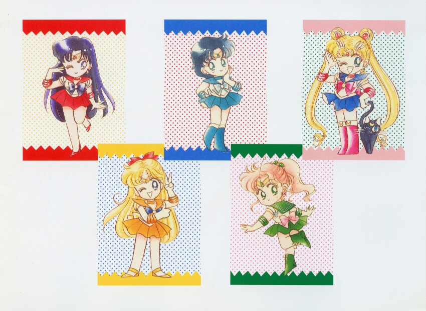 1990s_(style) 5girls ;) ;d absurdres animal artbook bishoujo_senshi_sailor_moon black_cat blonde_hair blue_boots blue_eyes blue_hair blue_sailor_collar blue_skirt boots bow cat chibi chibi_only closed_mouth crescent crescent_choker crescent_earrings crescent_facial_mark double_bun earrings facial_mark flower flower_earrings forehead_mark green_boots green_eyes green_sailor_collar green_skirt group_picture hair_bow hair_bun hand_on_own_cheek hand_on_own_face hand_on_own_hip highres inner_senshi jewelry leg_up long_hair luna_(sailor_moon) magical_girl multiple_girls official_alternate_hair_color official_art one_eye_closed open_mouth orange_sailor_collar orange_shoes orange_skirt pale_skin pearl_earrings pink_hair pleated_skirt ponytail purple_hair red_boots red_bow red_high_heels red_sailor_collar red_skirt retro_artstyle rose sailor_collar sailor_senshi sailor_senshi_uniform scan shoes short_hair skirt smile standing standing_on_one_leg star_(symbol) star_earrings takeuchi_naoko thumbs_up v