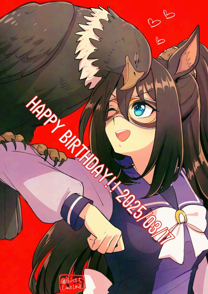 1girl animal_ears animal_on_arm aqua_eyes bird bow bowtie breasts brown_hair dated domino_mask el_condor_pasa_(umamusume) falcon happy_birthday heart hi_(ibisf5umauma) highres horse_ears long_hair long_sleeves mask one_eye_closed open_mouth ponytail purple_shirt red_background sailor_collar school_uniform shirt small_breasts smile solo tracen_school_uniform twitter_username umamusume upper_body v-shaped_eyebrows