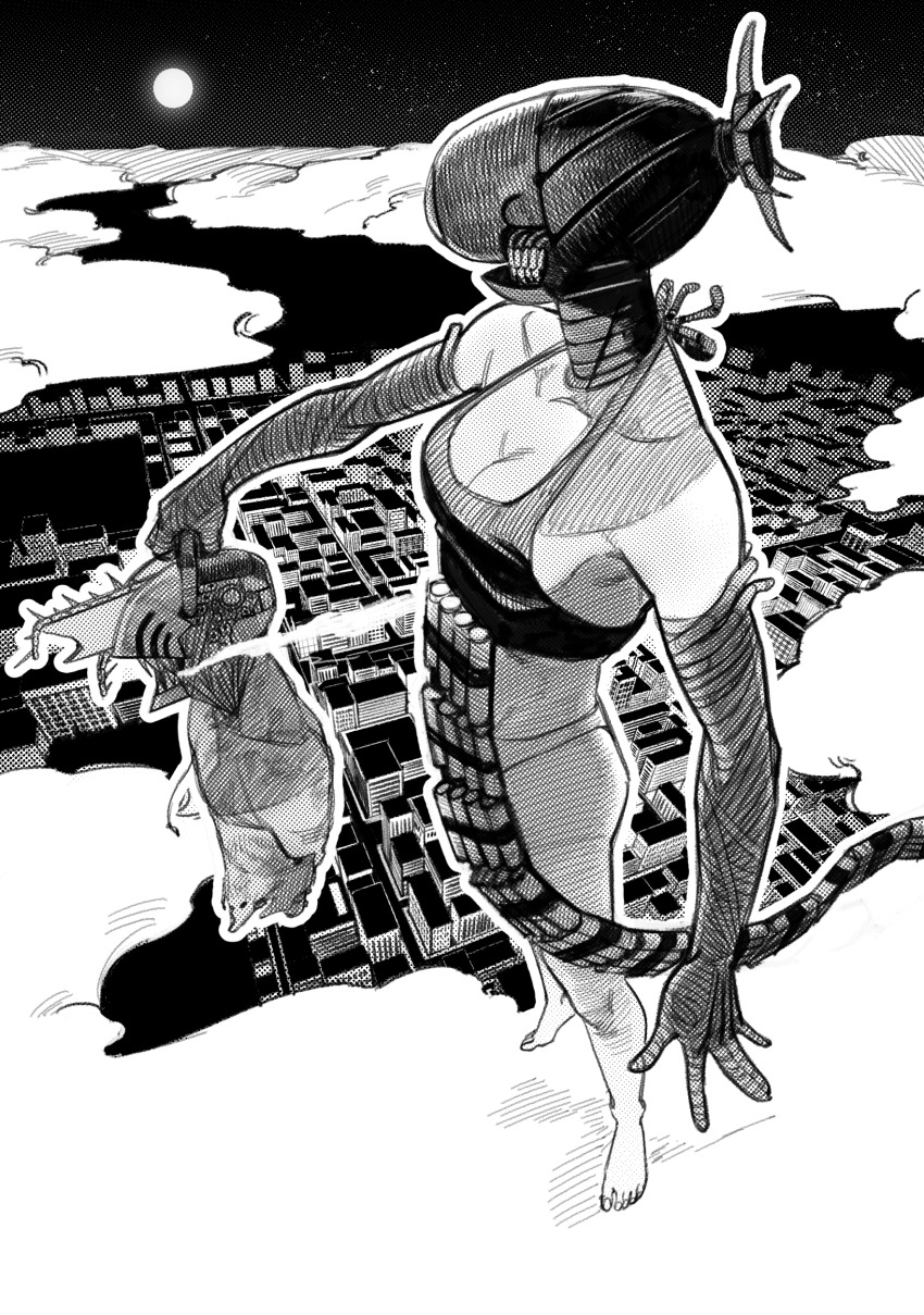 1boy 1girl absurdres alternate_form apron barefoot bomb_devil_(chainsaw_man) breasts chainsaw_man city cleavage cloud denji_(chainsaw_man) dynamite elbow_gloves explosive gloves greyscale highres massbluess medium_breasts midair monochrome moon night object_head outdoors severed_torso