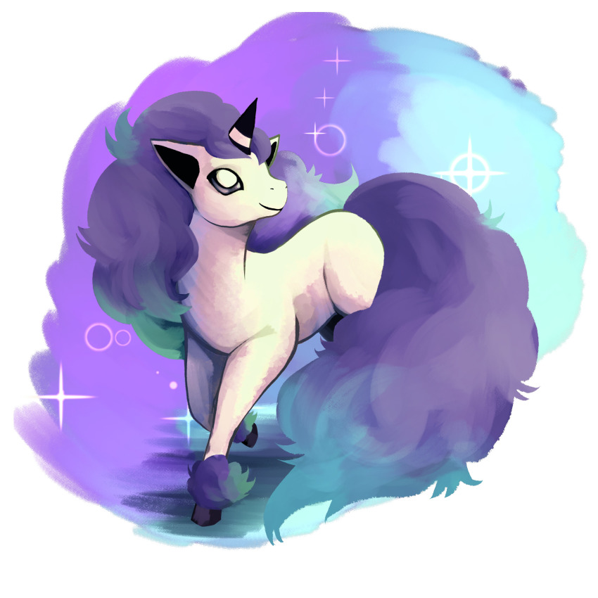 closed_mouth commentary creature english_commentary full_body galarian_form galarian_ponyta gen_8_pokemon highres horns nintendo no_humans pokemon pokemon_(creature) purple_theme ruderubicante simple_background single_horn smile solo sparkle unicorn walking white_background