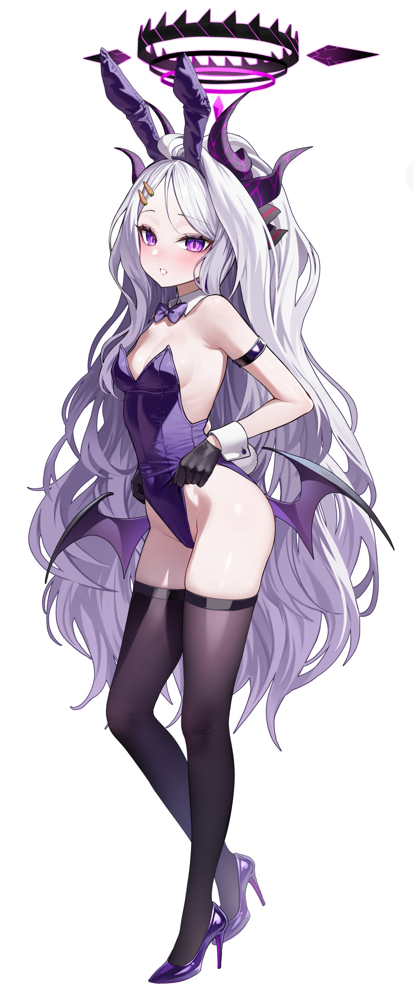 1girl absurdres alternate_costume animal_ears arm_strap ayoni_623 bare_shoulders black_gloves black_halo black_horns black_thighhighs black_wings blue_archive blush breasts commentary_request demon_girl demon_horns demon_wings fake_animal_ears fake_tail fluffy_hair full_body gloves halo high_heels highleg highleg_leotard highres hina_(blue_archive) horns leotard loli long_hair looking_at_viewer multiple_horns navel oversized_breast_cup patent_heels playboy_bunny pumps purple_eyes purple_soles purple_wings rabbit_ears rabbit_tail shoes simple_background small_breasts solo standing stiletto_heels tail thighhighs thighs two-tone_wings very_long_hair white_background white_hair white_wrist_cuffs wings wrist_cuffs