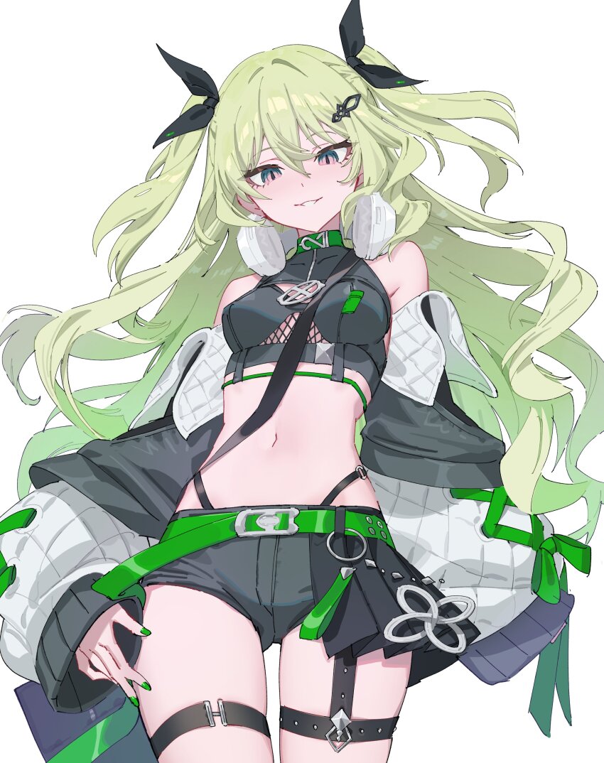 1girl absurdres anklet bag bare_legs bare_shoulders belt black_shorts black_tank_top blush choker green_belt green_choker green_hair hair_ornament headphones headphones_around_neck highres honkai_(series) honkai_impact_3rd jewelry long_hair long_sleeves looking_at_viewer mobius_(honkai_impact) multicolored_eyes naughty_face navel pink_eyes ponytail ribbon_hair shorts shoulder_bag slit_pupils smile tank_top two-tone_eyes very_long_hair white_background yu-ri_(arium047) zipper
