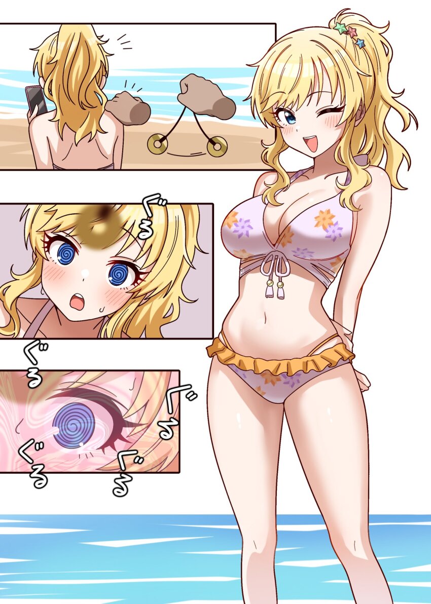 1girl bikini blonde_hair blue_eyes breasts cleavage coin coin_on_string collarbone floral_print frilled_bikini frills full_body highres holding holding_pendulum holed_coin hypnosis idolmaster idolmaster_cinderella_girls large_breasts long_hair looking_at_viewer mind_control navel niban_(puka_0507) ohtsuki_yui one_eye_closed open_mouth pendulum ponytail smile stomach swimsuit wavy_hair white_bikini