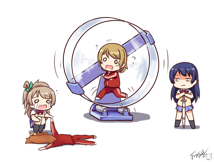 10s 4girls blue_hair brown_hair chibi exercise_wheel jacket koizumi_hanayo kosaka_honoka langbazi long_hair love_live! love_live!_school_idol_project minami_kotori multiple_girls orange_hair school_uniform short_hair side_ponytail sonoda_umi track_jacket track_suit track_uniform