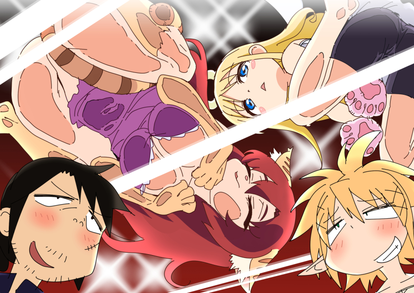 1boy 3girls against_glass animal_ears bike_shorts blonde_hair blue_eyes blush breast_press breasts breasts_on_glass cat_ears cat_girl cat_tail character_request copyright_request foot_on_glass from_behind glass_floor grin highres large_breasts long_hair multiple_girls pointy_ears pp_bj red_hair short_hair smile tail