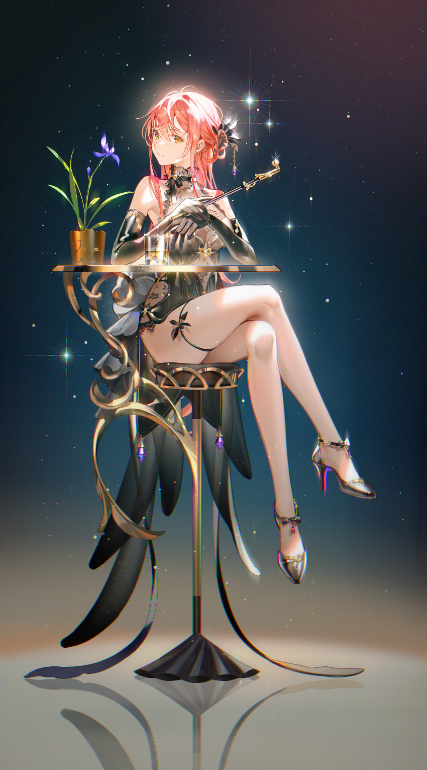 1girl absurdres black_bow black_dress black_footwear black_gloves bow bowtie breasts chair cleavage commentary crossed_arms crossed_legs cup dress elbow_gloves english_commentary flower_pot full_body gloves hair_ornament high_heels highres holding legs long_hair looking_at_viewer medium_breasts niya object_request orange_hair original see-through_clothes see-through_cleavage sitting sleeveless sleeveless_dress solo sparkle thigh_strap tidsean yellow_bow