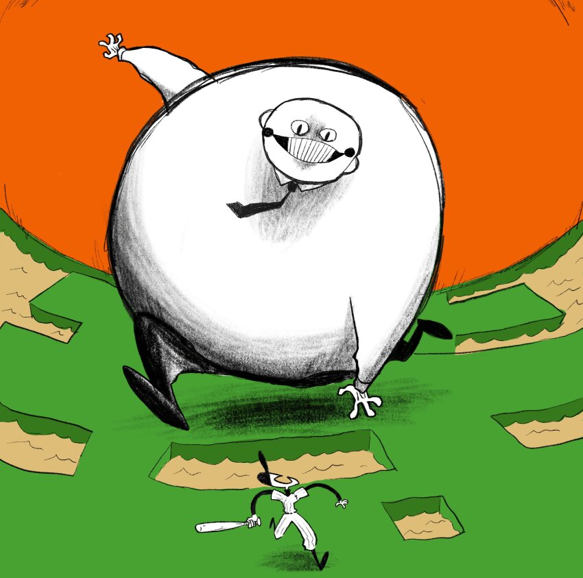 2boys absurdres bald baseball_bat baseball_cap baseball_uniform chasing collared_shirt commentary enoch_(off) fat fat_man fisheye fleeing giant gloves grin hat highres holding holding_baseball_bat horizon kipper_goodbreakfast layered_sleeves long_sleeves looking_at_another looking_back multiple_boys necktie off_(game) open_mouth orange_background pants pinstripe_pants pinstripe_pattern pinstripe_shirt shirt shoes short_over_long_sleeves short_sleeves slit_pupils smile sportswear the_batter_(off) water wide_shot