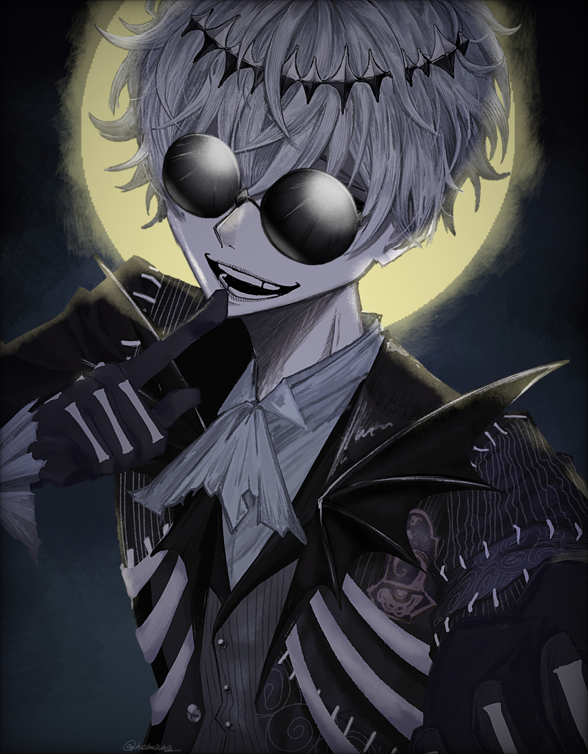 1boy absurdres black_crown crown diamond_hairband formal_clothes gloves highres long_sleeves looking_at_viewer male_focus moon pinstripe_pattern pinstripe_suit pinstripe_vest short_hair skeleton_print skully_j._graves smile solo striped_clothes striped_vest suit sunglasses the_nightmare_before_christmas twisted_wonderland vertical-striped_clothes vertical-striped_vest vest white_hair xoxoxe