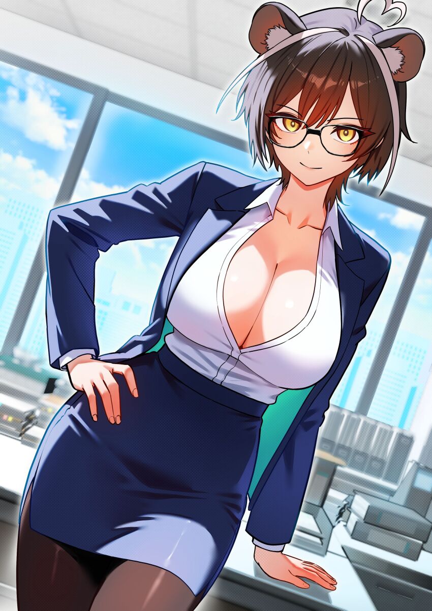 1girl absurdres ahoge animal_ears arm_support black-framed_eyewear blazer blue_jacket blue_skirt breasts brown_hair brown_pantyhose cleavage closed_mouth collarbone collared_shirt commentary_request commission cowboy_shot dress_shirt dutch_angle glasses hand_on_own_hip heart heart_ahoge highres indoors jacket korean_commentary large_breasts looking_at_viewer medium_hair mr_tangsuyuk office office_lady open_clothes open_jacket original pantyhose pencil_skirt shirt shirt_tucked_in skirt smile solo white_shirt yellow_eyes