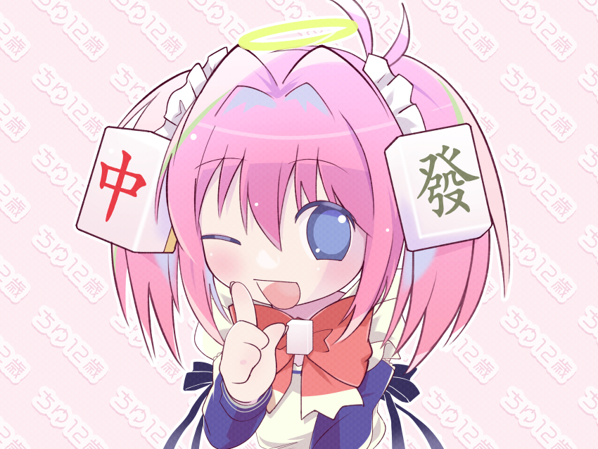1girl absurdres blue_eyes blush bow chiyu chiyu_12-sai halo highres index_finger_raised long_hair long_sleeves mahjong mahjong_tile mahjong_tile_hair_ornament maid one_eye_closed open_mouth outline pink_background pink_hair red_bow rnornopoo solo traditional_halo twintails white_outline