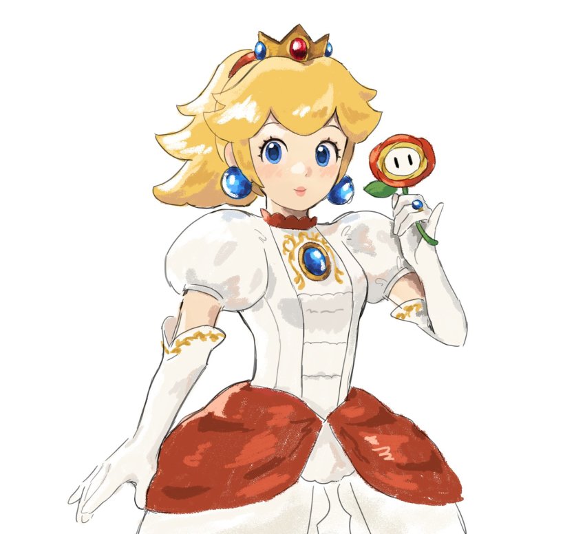 1girl alternate_costume alternate_hairstyle blonde_hair blue_eyes blush breasts brooch closed_mouth cowboy_shot crown dress earrings elbow_gloves eyelashes fire_flower fire_peach flower gloves hair_tie hand_up highres holding holding_flower jewelry jors lips looking_at_viewer mario_(series) nintendo open_hand pink_lips pinky_out ponytail princess princess_peach puffy_short_sleeves puffy_sleeves red_dress ring short_hair short_sleeves simple_background small_breasts smile solo standing super_mario_3d_world white_background white_dress white_gloves