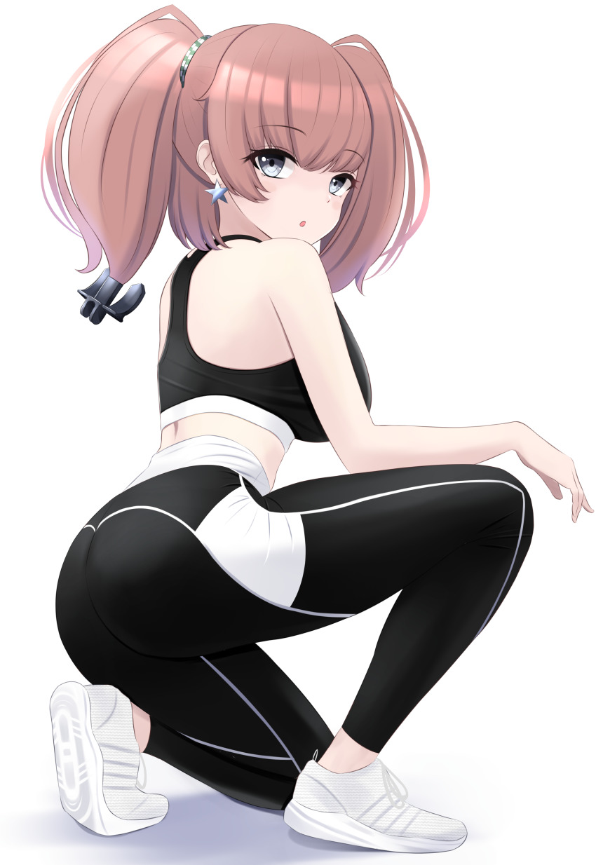 1girl absurdres alternate_costume anchor_hair_ornament ass atlanta_(kancolle) black_leggings black_sports_bra breasts brown_hair earrings grey_eyes hair_ornament highres jewelry kantai_collection large_breasts leggings long_hair nokonoko shoes single_earring sneakers solo sports_bra sportswear star_(symbol) star_earrings two_side_up white_shoes