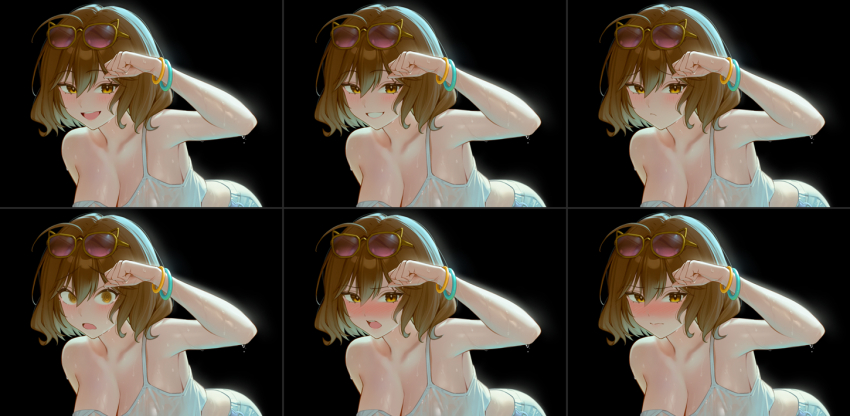 1girl 95_(jiuwujiang) @_@ ahoge anis_(nikke) arm_up blush bracelet breasts brown_hair camisole cleavage closed_mouth commentary embarrassed eyewear_on_head frown goddess_of_victory:_nikke hair_between_eyes jewelry large_breasts looking_at_viewer multiple_bracelets multiple_expressions multiple_views nose_blush open_mouth short_hair smile strap_slip sunglasses wet wet_clothes