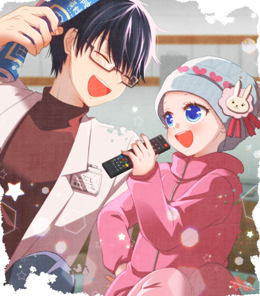 1boy 1girl :d amamiya_gorou black_hair blue_eyes blurry blurry_background chocotomamenoki doctor glasses hand_up hat hat_ornament highres jacket long_sleeves open_clothes open_jacket open_mouth oshi_no_ko pants pink_hat pink_jacket pink_pants rabbit_hat_ornament red_sweater semi-rimless_eyewear smile sparkle star_(symbol) sweater teeth tendouji_sarina upper_teeth_only