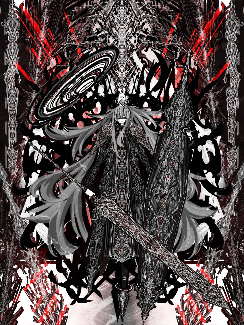 1girl absurdly_long_hair absurdres animal animal_on_head floating full_body halo highres holding holding_shield holding_sword holding_weapon huge_weapon long_hair looking_at_viewer on_head original riz_kira shield smile solo spot_color sword very_long_hair weapon