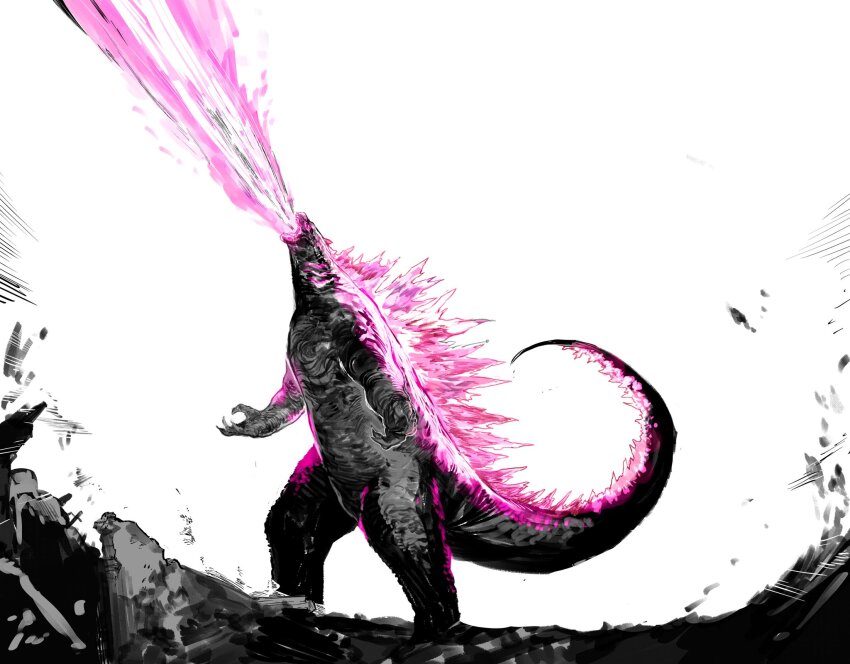 breath_weapon breathing_fire claws fire gills glowing glowing_eyes godzilla godzilla_(monsterverse) godzilla_(series) godzilla_evolved godzilla_x_kong:_the_new_empire highres kaiju king_kong_(series) legendary_pictures limited_palette looking_up monster monster_focus monsterverse no_humans pink_eyes sharp_teeth solo spines tail teeth toho yourfreakyneighbourh