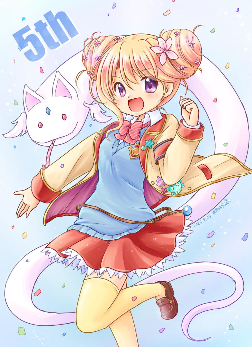 1girl akihara_ryou artist_name belt blonde_hair confetti dated double_bun familiar hair_bun highres iris_mysteria! ladis_(iris_mysteria!) open_mouth purple_eyes red_ribbon red_skirt ribbon school_uniform skirt smile standing standing_on_one_leg thighhighs yellow_thighhighs