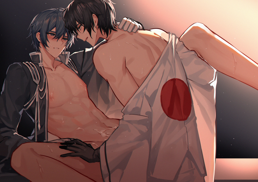 2boys absurdres black_gloves black_hair blue_hair blush commentary_request cum cum_on_body cum_on_stomach dual_persona eye_contact gloves hand_on_another&#039;s_shoulder highres japanese_clothes japanese_flag kaito_(vocaloid) kazenemuri leg_up looking_at_another male_focus missionary multiple_boys nipples parted_lips partially_undressed pectorals project_diva_(series) kaito_(rei_no_sakura_shirayuki)_(vocaloid) kaito_(rei_no_sakura_sousetsu)_(vocaloid) selfcest senbonzakura_(vocaloid) sex sweat toned toned_male vocaloid white_gloves yaoi