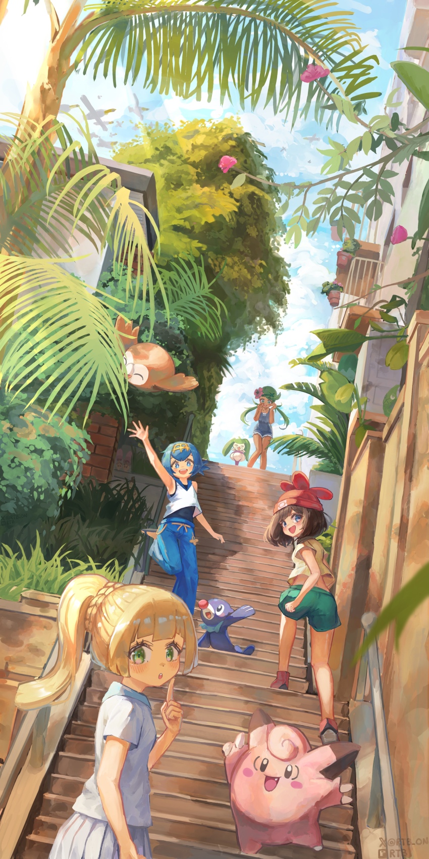 4girls absurdres beanie blonde_hair blue_hair blue_pants building clefairy cloud commentary day eyelashes flower flower_pot gen_1_pokemon gen_7_pokemon green_eyes green_hair green_shorts hair_flower hair_ornament hand_up hat highres lana_(pokemon) leg_up lillie_(pokemon) long_hair mallow_(pokemon) multiple_girls nintendo outdoors pants pokemon pokemon_(creature) pokemon_sm ponytail popplio rowlet rtb_(jbsb8423) selene_(pokemon) shirt short_sleeves shorts sky stairs standing steam swimsuit swimsuit_under_clothes symbol-only_commentary tree twintails yellow_shirt