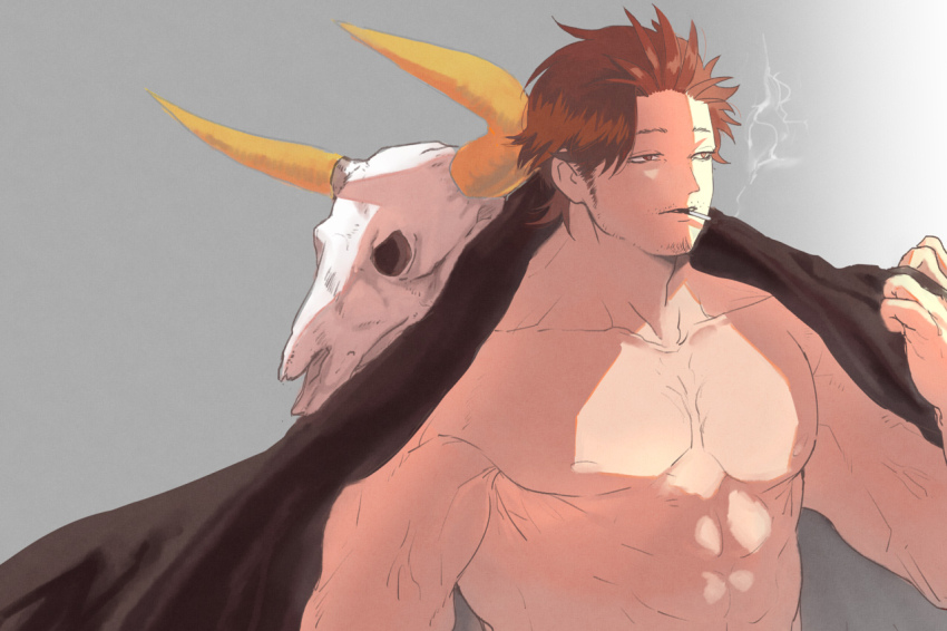 1boy abs animal_skull bara bare_pectorals black_clover black_hair facial_hair half-closed_eyes looking_ahead male_focus mature_male muscular muscular_male nipples octo33 open_clothes pectorals short_hair sideburns_stubble smoking solo stubble sunlight tank_top tsurime yami_sukehiro