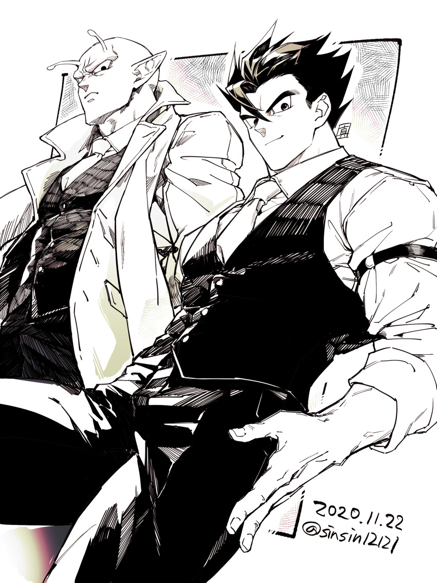 2boys absurdres alternate_costume closed_mouth dated dragon_ball dragonball_z formal_clothes from_below greyscale highres jacket looking_at_viewer male_focus monochrome multiple_boys necktie pants piccolo pointy_ears shin_(sinsin12121) simple_background smile son_gohan spiked_hair twitter_username vest