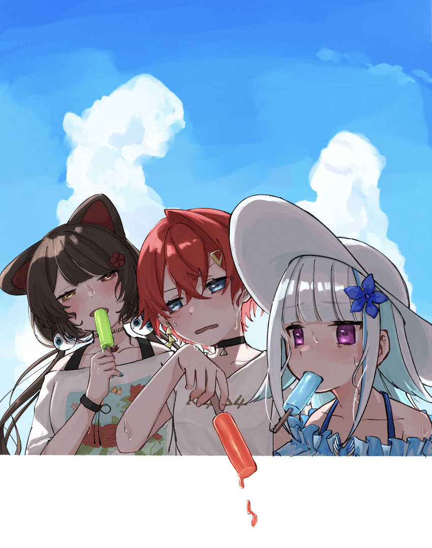 3girls 3znk absurdres ange_katrina ange_katrina_(5th_costume) animal_ears animal_hair_ornament bare_shoulders blue_dress blue_eyes blue_hair blue_nails blue_sky blunt_bangs blush border bracelet breasts brown_hair cloud collarbone colored_inner_hair commentary_request crossed_bangs day dog_ears dress earrings eating fang floral_print_shirt flower food frilled_dress frills gold_earrings hair_between_eyes hair_flower hair_ornament half-closed_eyes hand_up hat head_tilt heterochromia highres holding holding_food holding_popsicle hot inui_toko inui_toko_(2nd_costume) jewelry lize_helesta lize_helesta_(2nd_costume) long_bangs long_hair looking_ahead looking_at_viewer low_twintails medium_breasts melting melting_popsicle multicolored_hair multiple_girls nail_polish nijisanji off-shoulder_dress off-shoulder_shirt off_shoulder open_mouth outside_border pendant_choker popsicle print_shirt purple_eyes red_eyes red_hair sanbaka_(nijisanji) shirt short_hair short_sleeves side-by-side sidelocks single_hair_intake sky small_breasts streaked_hair summer sun_hat sweat t-shirt triangle_earrings twintails two-tone_hair upper_body virtual_youtuber white_border white_hair white_hat white_shirt wide_brim yellow_eyes