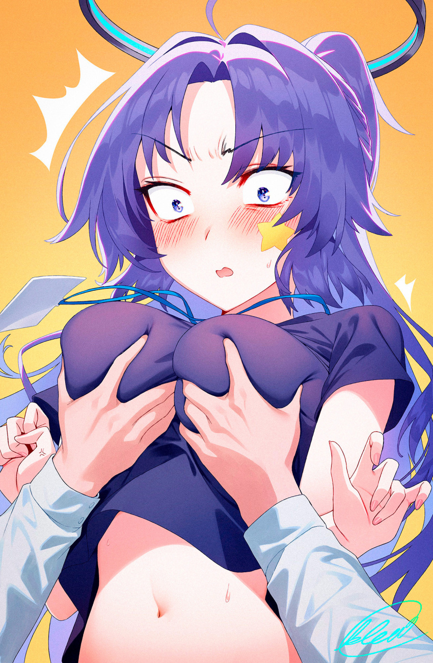 1boy 1girl ^^^ anger_vein blew_andwhite blue_archive blush breasts commentary_request constricted_pupils grabbing_another&#039;s_breast gradient_background groping halo highres long_sleeves medium_breasts navel open_mouth orange_background parted_bangs purple_eyes purple_hair purple_shirt shirt short_sleeves signature solo_focus star_sticker sticker_on_face stomach v-shaped_eyebrows white_shirt yuuka_(blue_archive) yuuka_(track)_(blue_archive)