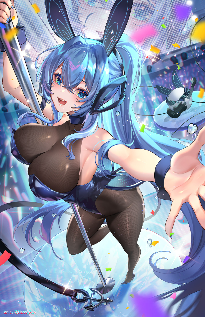 1girl anchor_ornament animal_ears artist_name azur_lane black_leotard black_pantyhose blue_eyes blue_hair blue_nails bodystocking breasts cleavage commentary confetti fake_animal_ears glowstick guitar hanh_chu high_heels highres instrument large_breasts leotard light_particles long_hair looking_at_viewer nail_polish new_jersey_(azur_lane) new_jersey_(exhilarating_steps!)_(azur_lane) official_alternate_costume outstretched_arm pantyhose playboy_bunny pole pole_dancing rabbit_ears screen see-through_cleavage see-through_clothes solo sparkle stage stage_lights stripper_pole thighs very_long_hair