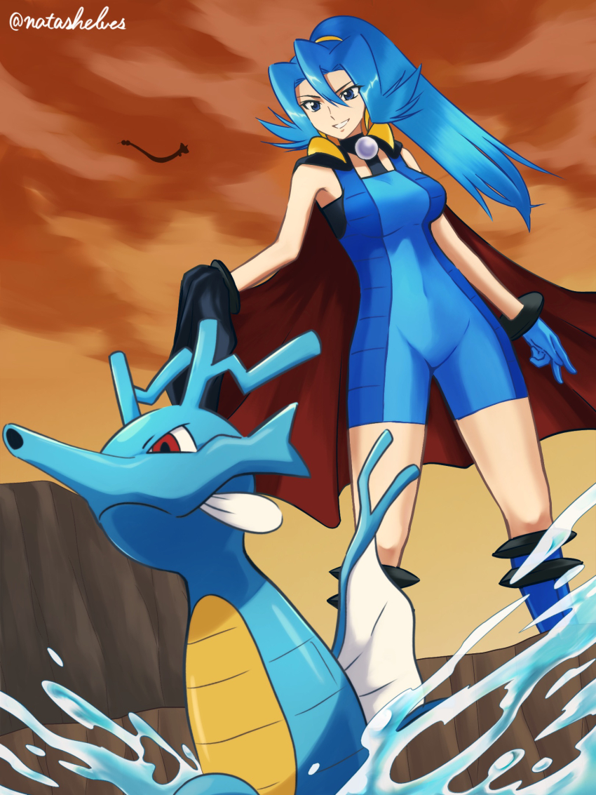 1girl black_cape blue_bodysuit blue_footwear blue_gloves blue_hair bodysuit boots breasts cape clair_(pokemon) cloud commentary_request dragonair gen_1_pokemon gen_2_pokemon gloves grin hair_between_eyes highres kingdra long_hair looking_down nintendo outdoors pokemon pokemon_(creature) pokemon_hgss ponytail sherufu_(natashelves) silhouette sky smile standing teeth twilight water