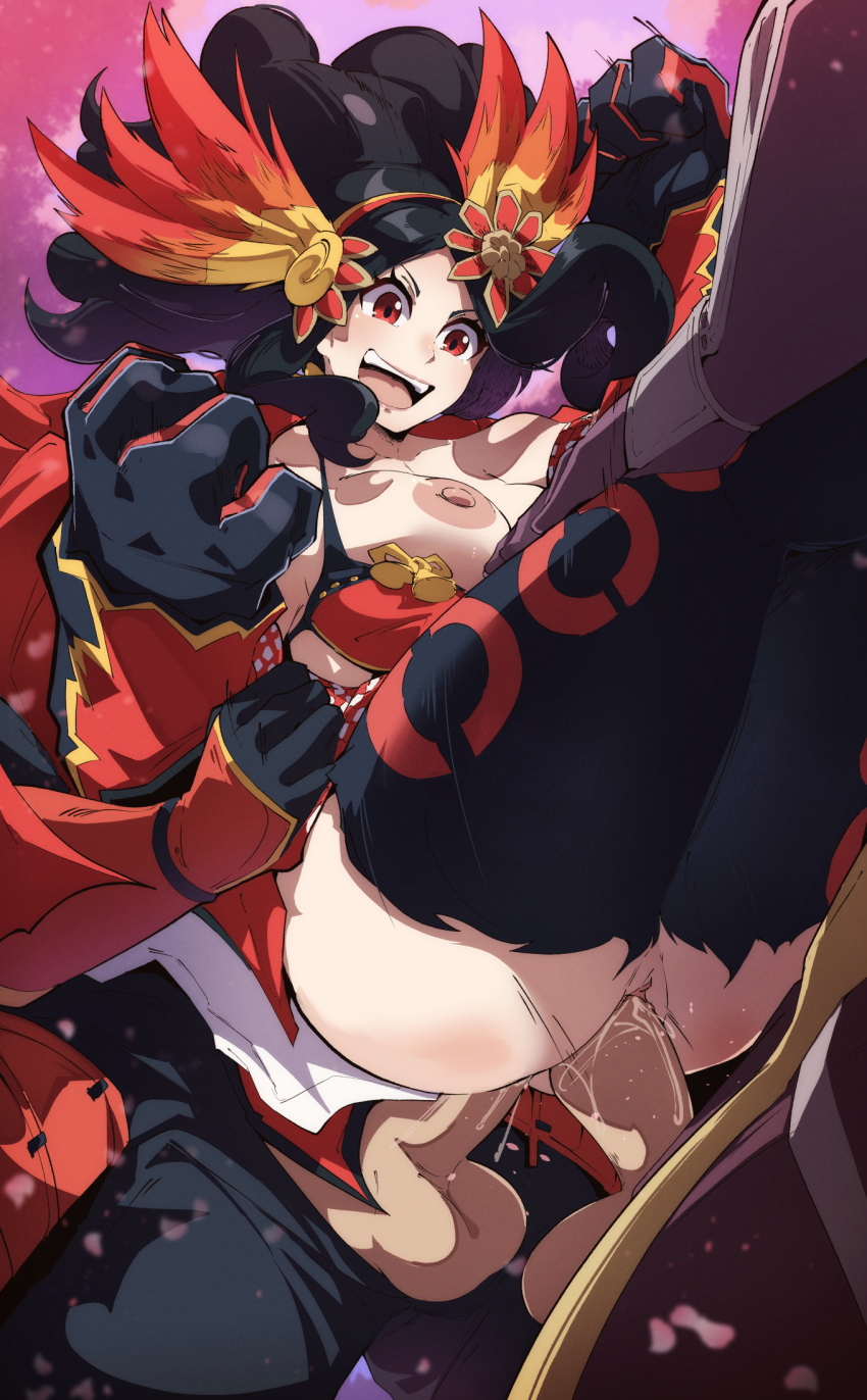 1girl 2boys anal armor arms_up ass black_gloves black_hair black_pants black_pantyhose blush bra breasts breasts_out cape checkered_clothes clitoral_hood clitoris clothed_sex detached_sleeves double_penetration embroidery eyelashes feather_hair_ornament feathers gloves gold_trim hair_ornament hairband happy happy_sex highres holding_another&#039;s_leg kaihime large_breasts large_penis legs legs_together legs_up lifting_person lips lipstick long_bangs long_hair looking_down makeup multiple_boys nintendo nipples open_mouth open_pants orphen_(pink_seito) pants pantyhose parted_bangs penis pink_seito pokemon pokemon_conquest pussy pussy_juice red_bra red_cape red_eyes ribbon-trimmed_bra ribbon_trim sanada_yukimura sanada_yukimura_(sengoku_musou) sandwiched sengoku_musou smile tachibana_muneshige tassel teeth testicles thighs tongue torn_clothes torn_pantyhose underwear vaginal vambraces wavy_hair