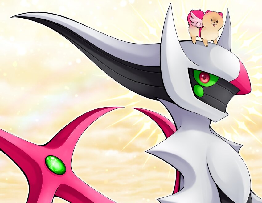 animal animal_ears animal_on_head arceus brown_fur commission dog dog_ears dog_tail fake_wings gen_4_pokemon highres legendary_pokemon mythical_pokemon nintendo no_humans on_head pokemon pokemon_(creature) pomeranian_(dog) red_eyes slys_(jesterdysphoria) tail tongue tongue_out wings